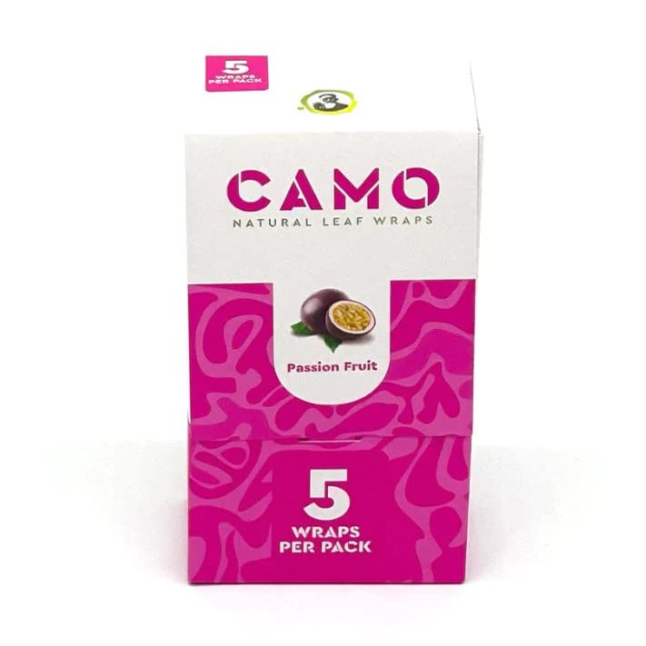 Afghan Natural Leaf Wraps Camo Various Flavors - 125 (25 x 5) Leaf Wraps per Box - (Passion Fruit) with an Official Camo Cones Sticker
