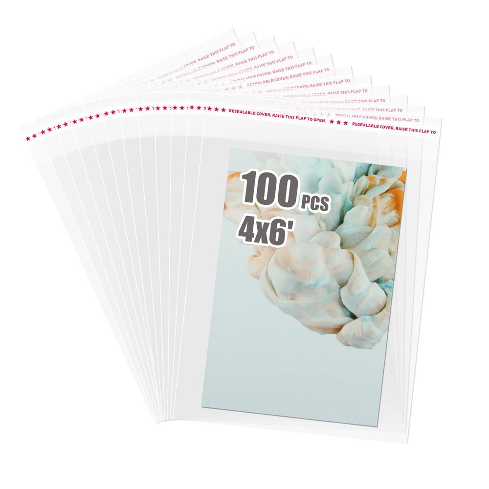 Egofine Self Sealing Cellophane Bags 100 PCS Clear Resealable Sleeves Bags for 4x6 Photo Mats, Bag Size: 4.33x6.30 inches for 4x6 Mats