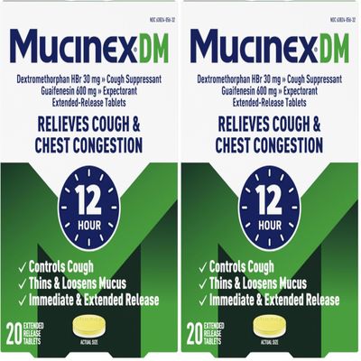 Mucinex DM 12Hr Chest Congestion & Cough Medicine for Adults, Cold and Cough Medicine for Excess Mucus Relief, 600 mg Guaifenesin & 30 mg Dextromethorphan HBr, 20 Bi-Layer Tablets (Pack of 2)