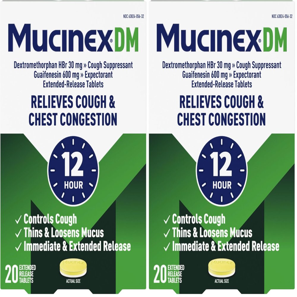 Mucinex DM 12Hr Chest Congestion & Cough Medicine for Adults, Cold and Cough Medicine for Excess Mucus Relief, 600 mg Guaifenesin & 30 mg Dextromethorphan HBr, 20 Bi-Layer Tablets (Pack of 2)