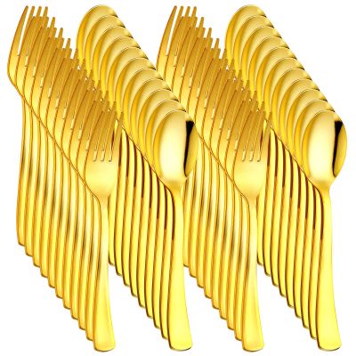 400 Pcs Plastic Silverware Utensils Heavy Duty Cutlery Set Disposable Spoons and Forks Bulk, 200 Pcs Forks and 200 Pcs Spoons for Party Dinners Take out Catering Supplies (Gold)