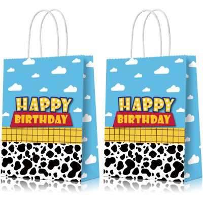 16 Pcs Cartoon Story Party Favor Bags, Cow Pattern Goodie Treat Bags, Blue Sky White Cloud Kraft Paper Candy Gift Bags With Handle for Kids Birthday Party Decorations