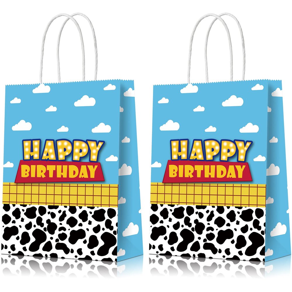 16 Pcs Cartoon Story Party Favor Bags, Cow Pattern Goodie Treat Bags, Blue Sky White Cloud Kraft Paper Candy Gift Bags With Handle for Kids Birthday Party Decorations