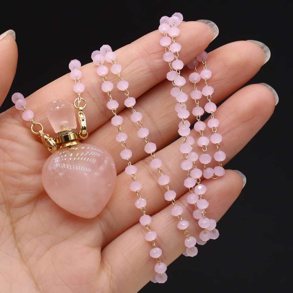 22x36x13mm Natural Rose Quartz Pendant Necklace Charm Essential Oil Diffuser Pendant Necklace Ladies Jewellery,Rose Quartz,80 Cm