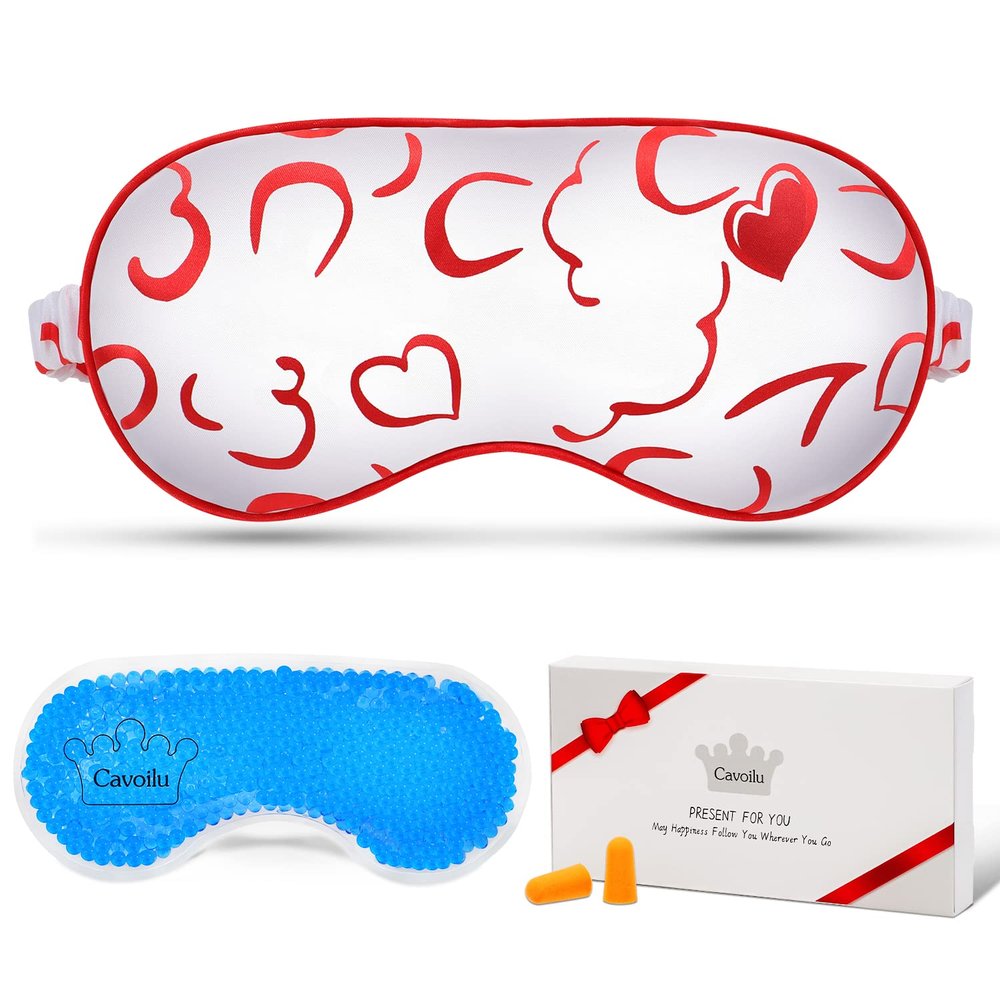 Cavoilu Sleep Mask w/Cooling Gel Eye Mask, Silk Eye Mask for Sleeping, Hot & Cold Eye Masks, Blindfold Reusable Eye Cover Sleeping Mask for Home Office Travel, Gifts for Women (Red Heart)