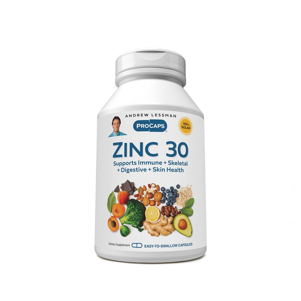 ANDREW LESSMAN Zinc 30mg - 60 Capsules - Highly absorbable Zinc Citrate. Supports Immune, Skeletal, Digestive and Skin Health. Small Easy to Swallow Capsules. No Additives