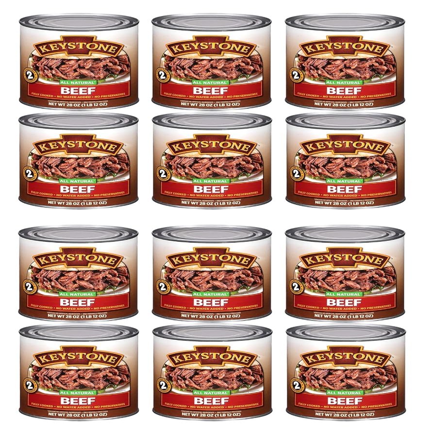 Keystone Meats All Natural Heat and Serve Canned Beef 28 oz Fully Cooked Canned Meat Ready to Eat 5-Year Shelf Life Pantry Staple for Everyday Meals, Emergency Survival Food Made in USA Pack of 12