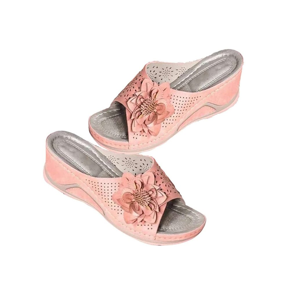 3D Floral Cutout Women's Leather Soft Insole Orthopedic Arch Support Sandals, Retro Bohemian Wedge Slippers, Suede Moccasins. (Pink,9)