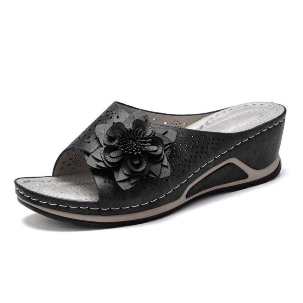 3D Floral Cutout Women's Leather Soft Insole Orthopedic Arch Support Sandals, Retro Bohemian Wedge Slippers, Suede Moccasins. (Black,6.5)