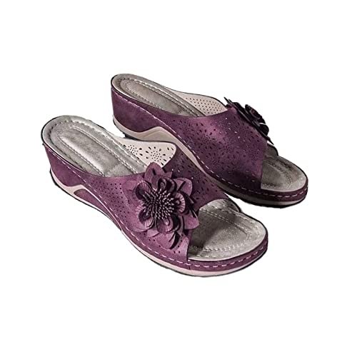 3D Floral Cutout Women's Leather Soft Insole Orthopedic Arch Support Sandals, Retro Bohemian Wedge Slippers, Suede Moccasins. (Purple,9.5)