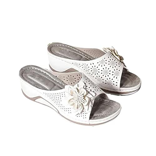 3D Floral Cutout Women's Leather Soft Insole Orthopedic Arch Support Sandals, Retro Bohemian Wedge Slippers, Suede Moccasins. (White,5.5)