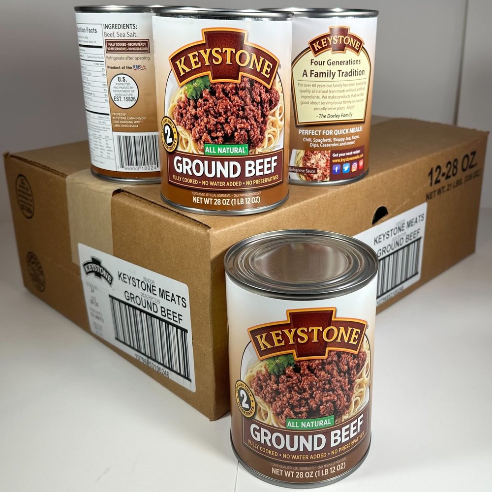 Keystone Meats All Natural Heat and Serve Ground Beef 28 oz Fully Cooked Canned Meat Ready to Eat 5-Year Shelf Life Pantry Staple for Everyday Meals, Emergency Survival Canned Food Made in USA Pack of 12