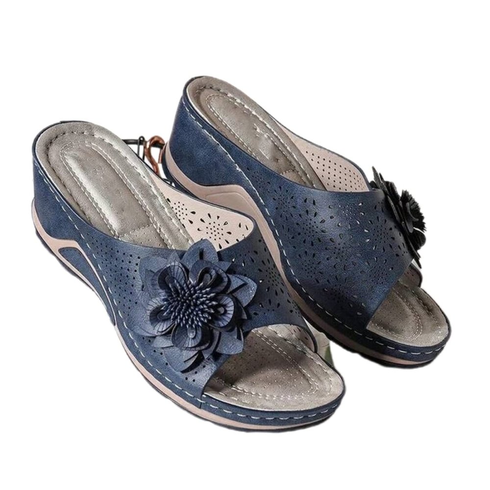 3D Floral Cutout Women's Leather Soft Insole Orthopedic Arch Support Sandals, Retro Bohemian Wedge Slippers, Suede Moccasins. (Blue,5.5)
