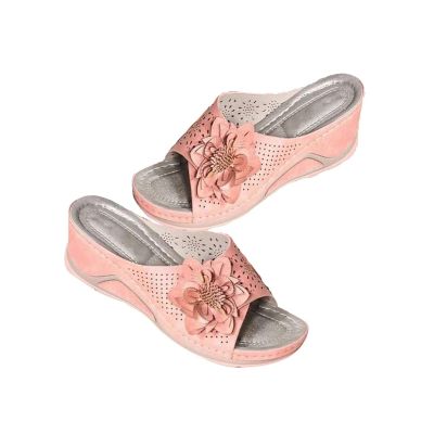 3D Floral Cutout Women's Leather Soft Insole Orthopedic Arch Support Sandals, Retro Bohemian Wedge Slippers, Suede Moccasins. (Pink,7.5)