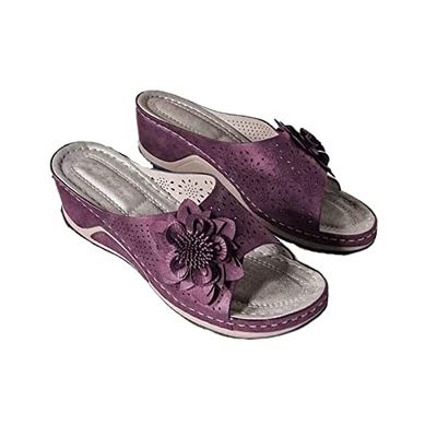 3D Floral Cutout Women's Leather Soft Insole Orthopedic Arch Support Sandals, Retro Bohemian Wedge Slippers, Suede Moccasins. (Purple,10.5)