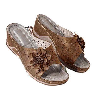 3D Floral Cutout Women's Leather Soft Insole Orthopedic Arch Support Sandals, Retro Bohemian Wedge Slippers, Suede Moccasins. (Brown,6.5)