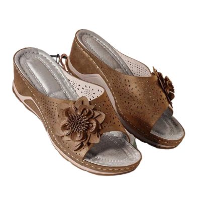 3D Floral Cutout Women's Leather Soft Insole Orthopedic Arch Support Sandals, Retro Bohemian Wedge Slippers, Suede Moccasins. (Brown,7)