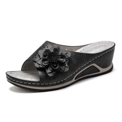 3D Floral Cutout Women's Leather Soft Insole Orthopedic Arch Support Sandals, Retro Bohemian Wedge Slippers, Suede Moccasins. (Black,5)