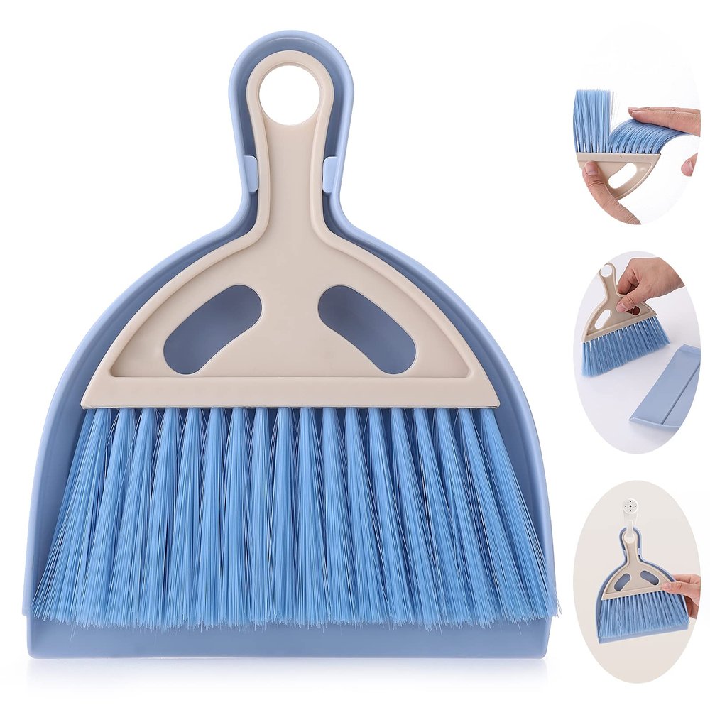 cobee Small Broom and Dustpan Cleaning Set, Mini Whisk Dustpan and Brush with Handle Portable Table Top Dust Pan Dining Table Crumb Sweeper Cleaning Tools with Soft Bristles for Housekeeping(Blue)