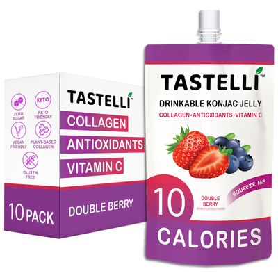 Tastelli Konjac Jelly Infused with Collagen & Vitamin C | Gluten Free, Sugar Free, Low Calorie | Vegan Drinkable Fruit Jelly Snack | Double Berry | 150mL x 10 Pouches