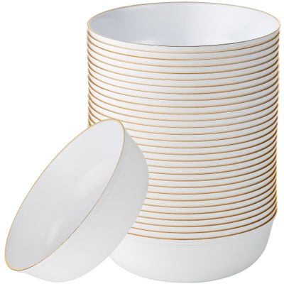 [30 Pack 16 OZ Bowls] Edge Collection White with Gold Rim Plastic Party Soup Bowls Premium heavyweight Elegant Disposable Tableware Dishes