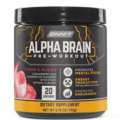 ONNIT Alpha Brain Pre-Workout Powder, IGEN Non-GMO Tested, Tiger's Blood Flavor, Pre-Workout Supplement for Women and Men, Dietary Supplement, 20 Servings per Tub, 6.76 oz
