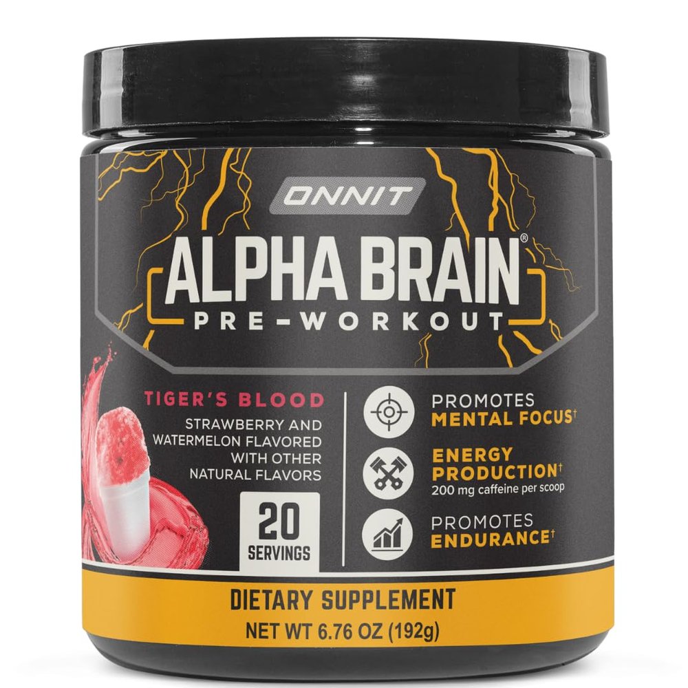 ONNIT Alpha Brain Pre-Workout Powder, IGEN Non-GMO Tested, Tiger's Blood Flavor, Pre-Workout Supplement for Women and Men, Dietary Supplement, 20 Servings per Tub, 6.76 oz