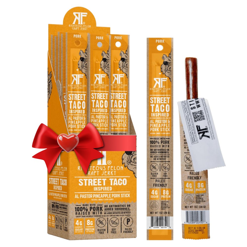 Righteous Felon Meat Sticks | 100% Pork Sticks | Keto, Gluten-Free, Low Sugar, High Protein Healthy Snacks | Valentines Day Jerky Gifts for Men | Street Taco Pork Sticks, 24 Count