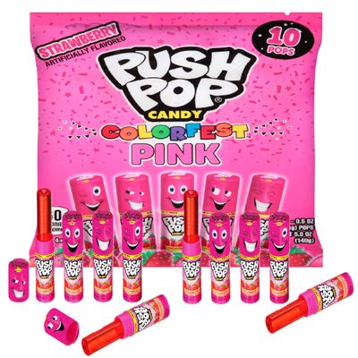 Push Pop Pink Valentine's Candy Lollipops, 10 Ct Individually Wrapped Lollipops in Pink Strawberry Flavor, Full Size, Fun Hard Candy For Birthday Parties, Valentine's Gifts, Goodie Bags, Party Favors