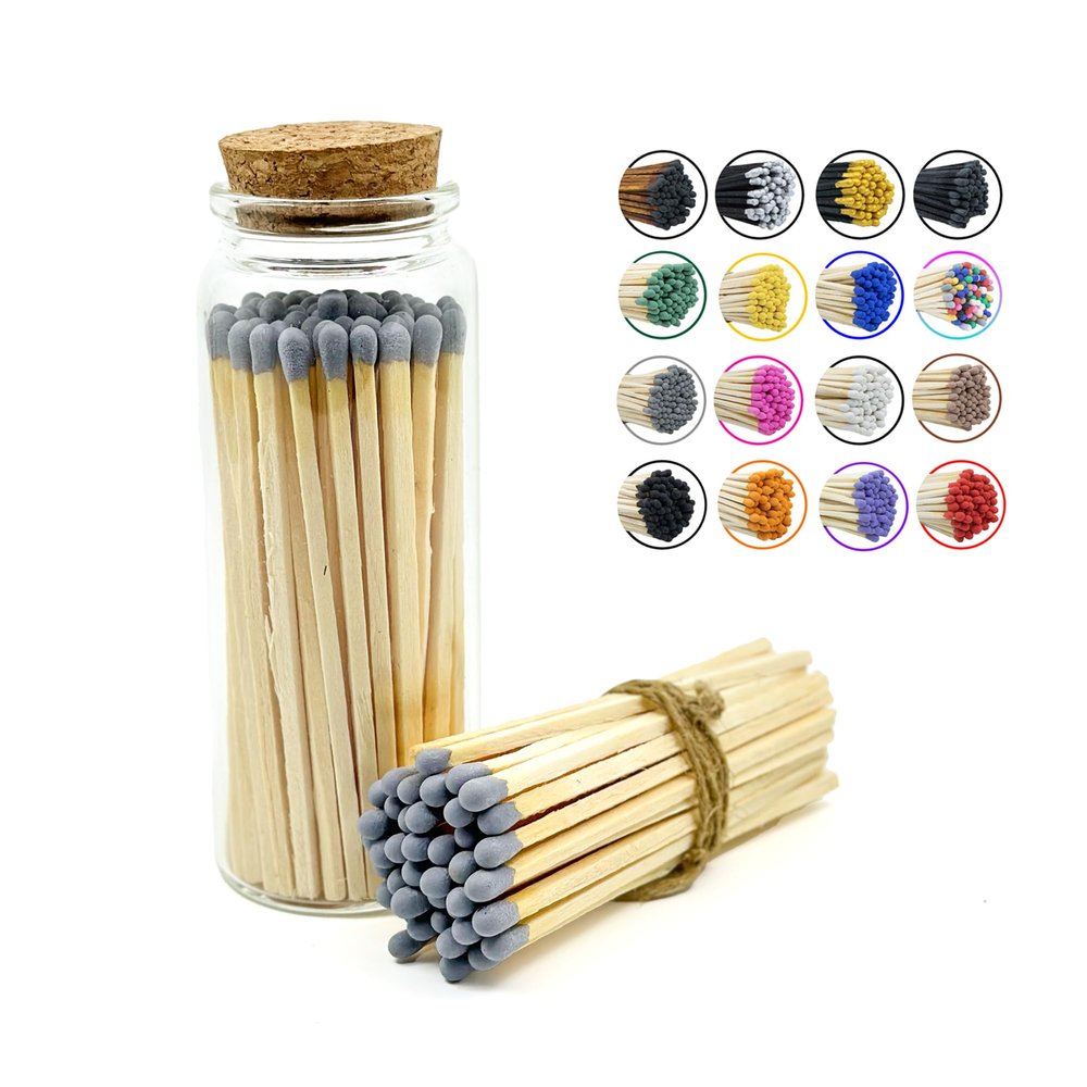 Matches in a Jar | 60+ Matchsticks | Decorative Matchsticks with Strike Pad | Candle Match Holder Long for Fireplace | Match Bottle Cork Closing by Chandler Studio (Gray, 4" Matches)