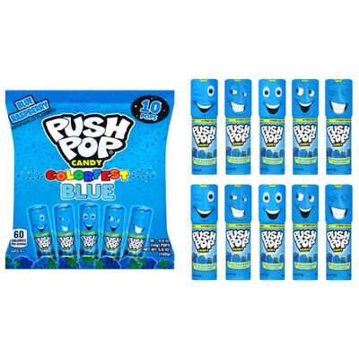 Push Pop Easter Blue Hard Candy Lollipops, 10 Ct Bulk Candy Individually Wrapped in Blue Raspberry Flavor, Lollipops For Easter Basket Stuffers, Party Favors, Treats and Gifts for Kids