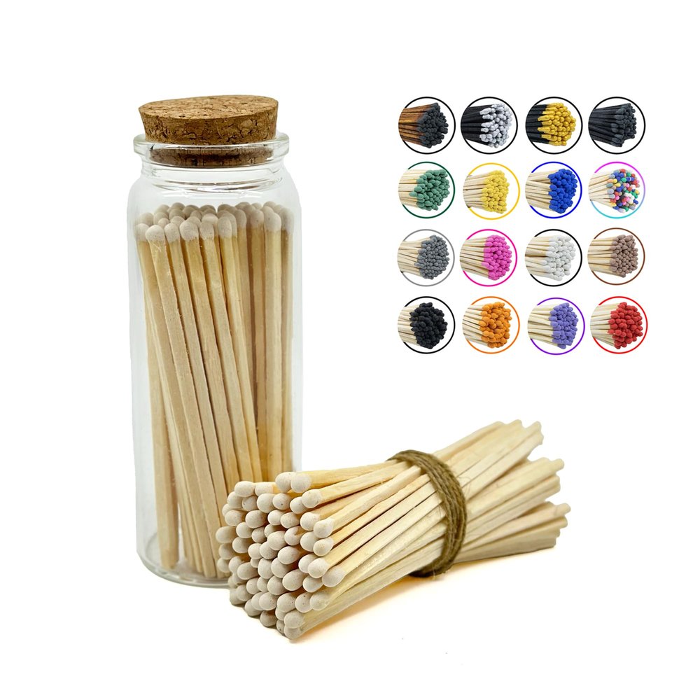 Chandler Studio Matches in a Jar | 60+ Matchsticks | Decorative Matchsticks with Strike Pad | Candle Match Holder Long for Fireplace | Match Bottle Cork Closing (White, 4" Matches)