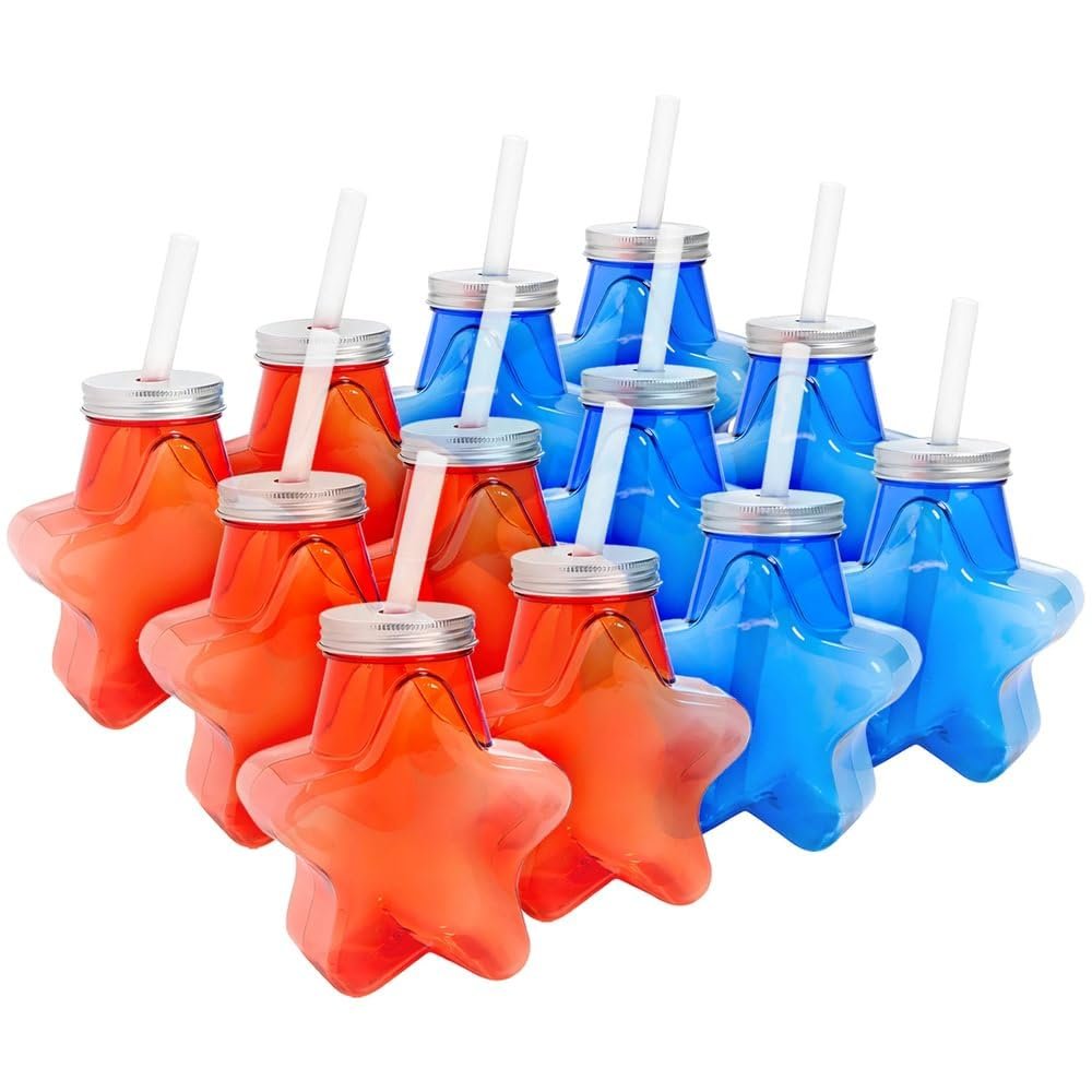 Patriotic Star-Shaped Plastic Cups with Lids and Straws, 12 Pieces