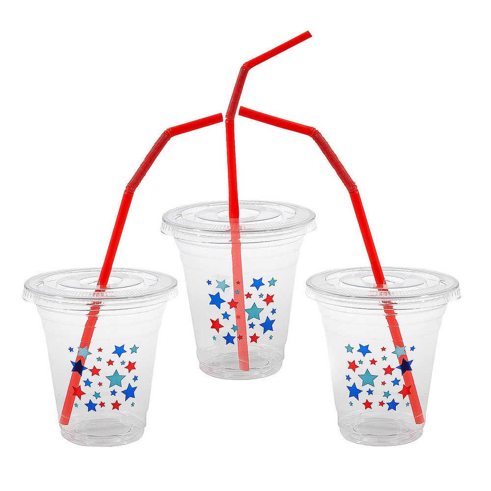 Fun Express Clear Patriotic Plastic Cups with Lids & Straws, 50 Count