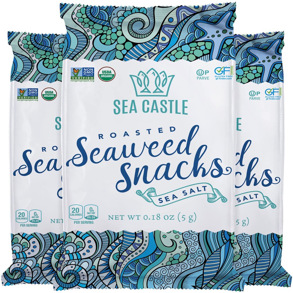 Sea Castle Organic Roasted Seaweed Snack with Sea Salt .18oz. (3 Pack) Gluten Free, Keto Friendly, Non GMO Verified, Kosher