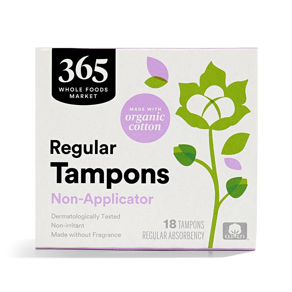 365 by Whole Foods Market, Non-Applicator Tampons, Made with Organic Cotton, Regular Absorbency, Unscented, 18 Count