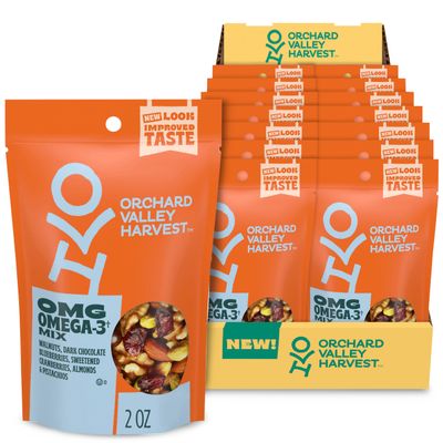 Orchard Valley Harvest OMG Omega-3 Mix, 14 pack (2 oz), Walnuts, Dark Chocolate Blueberries, Sweetened Cranberries, Almonds, And Pistachios, Gluten Free, Stand Up Bag, Non-GMO, Healthy Snacks for Adults