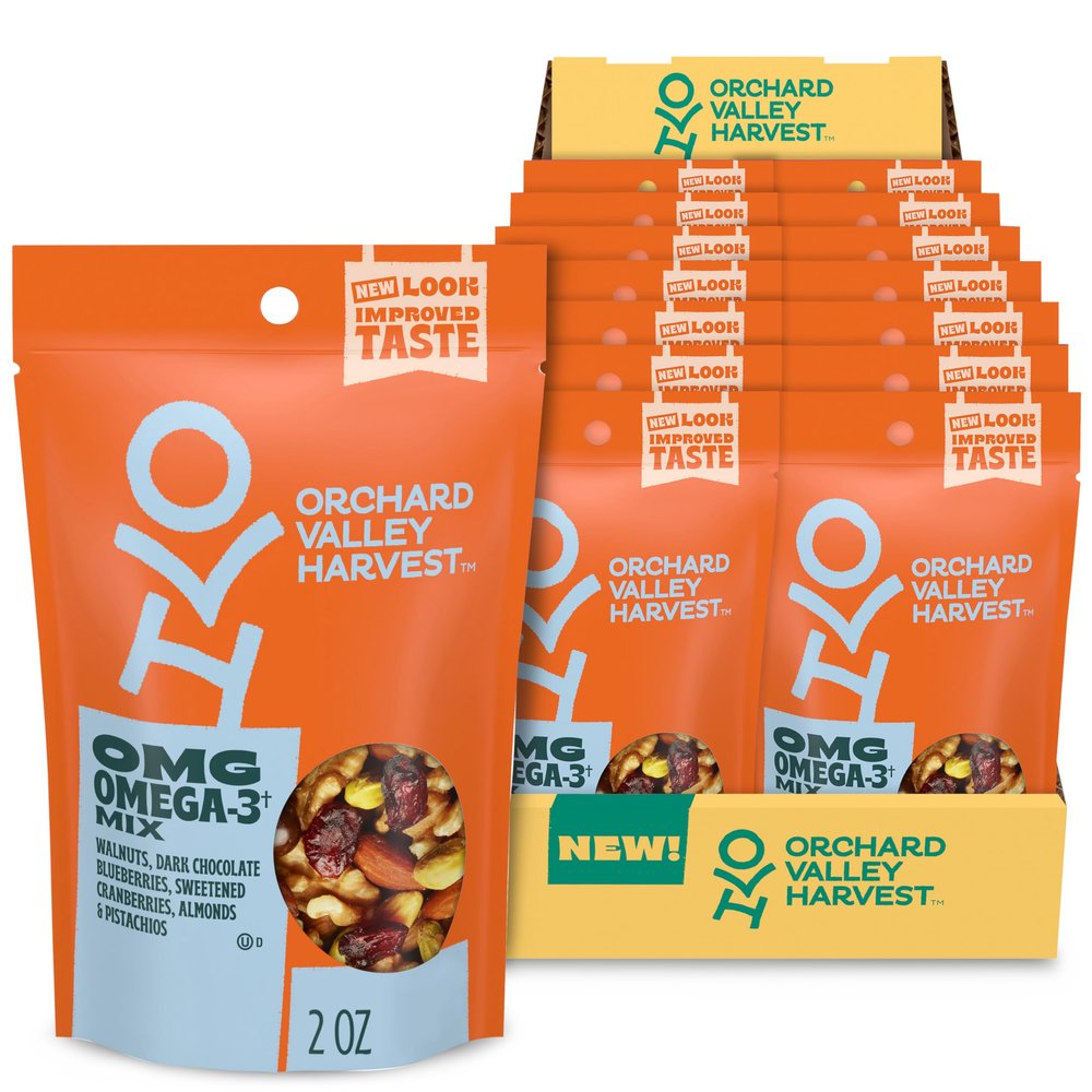 Orchard Valley Harvest OMG Omega-3 Mix, 14 pack (2 oz), Walnuts, Dark Chocolate Blueberries, Sweetened Cranberries, Almonds, And Pistachios, Gluten Free, Stand Up Bag, Non-GMO, Healthy Snacks for Adults