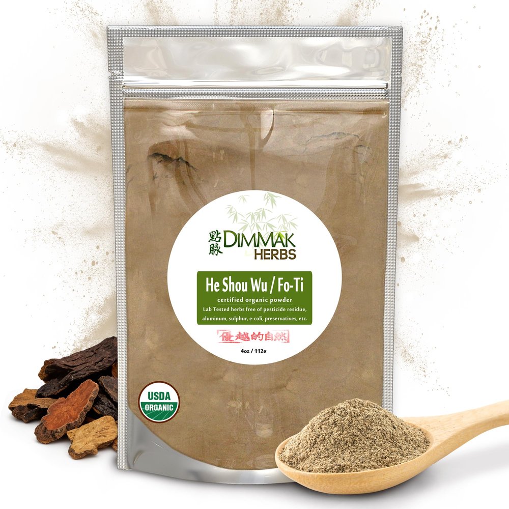 Dimmak Herbs Organic Prepared He Shou Wu Powder (Fo-Ti Root)- Traditional Black Bean Cured Tonic for Hair Thickness, Graying & Jing Vitality- Polygonum Multiflorum Safe & Potent (4oz)