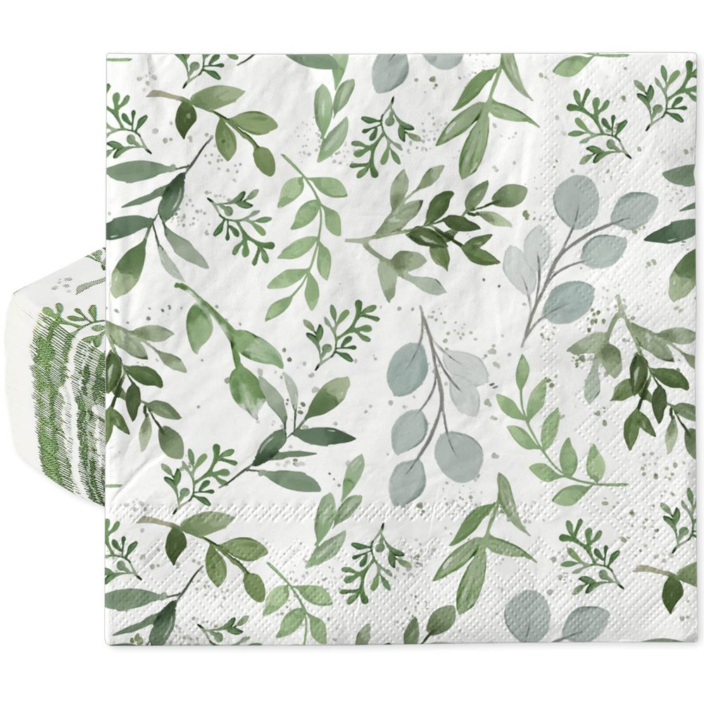 AnyDesign 80Pcs Greenery Eucalyptus Paper Napkins Disposable Green Leaves Luncheon Napkin Spring Guest Napkins Plants Dessert Dinner Hand Napkin for Birthday Wedding Baby Shower Supplies, 6.5 x 6.5 In