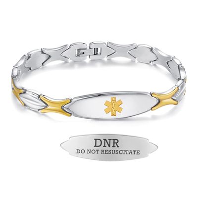 LinnaLove 7 1/2 inch Medical Alert Bracelets for women Stainless Steel Fashion Medical Bracelets Personalized Engraving dnr (STEEL-GOLD)