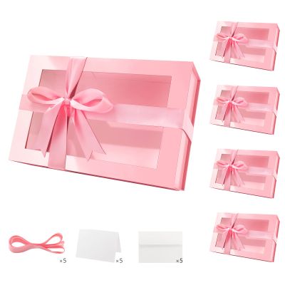 PACKQUEEN 5 Large Pink Valentine's Day Gift Boxes with Windows, 13.5x9x4.1 Inches Easter Gift Boxes for Presents Contain Ribbons, Cards, Bridesmaid Proposal Boxes, Mothers Day Boxes with Magnetic Lids (Glossy Pink)