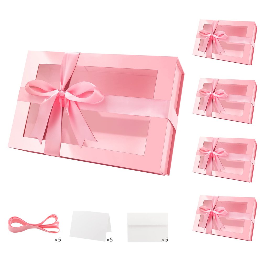 PACKQUEEN 5 Large Pink Valentine's Day Gift Boxes with Windows, 13.5x9x4.1 Inches Easter Gift Boxes for Presents Contain Ribbons, Cards, Bridesmaid Proposal Boxes, Mothers Day Boxes with Magnetic Lids (Glossy Pink)