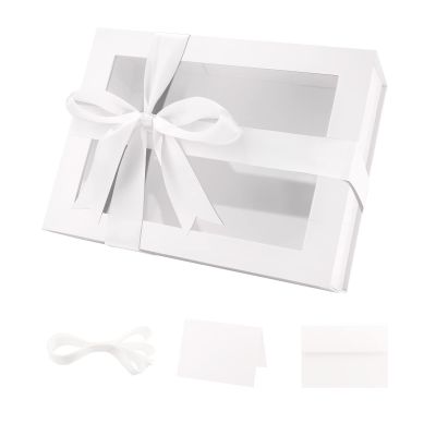 PACKQUEEN White Gift Box with Window, 9x6.5x3.8 Inches, Clear Gift Box for Present Contains Ribbon, Card, Bridesmaid Proposal Box, Mothers Day Gift Boxes with Magnetic Lid (Glossy White)