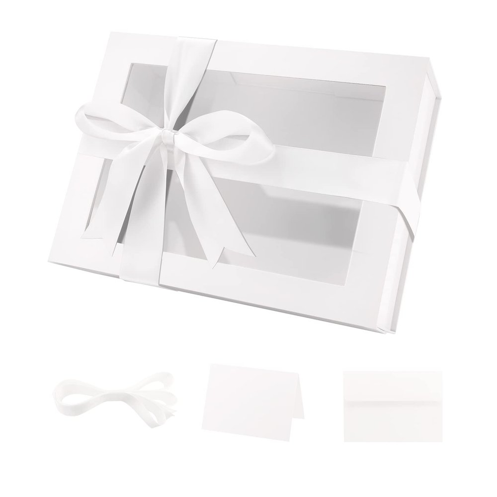 PACKQUEEN White Gift Box with Window, 9x6.5x3.8 Inches, Clear Gift Box for Present Contains Ribbon, Card, Bridesmaid Proposal Box, Mothers Day Gift Boxes with Magnetic Lid (Glossy White)
