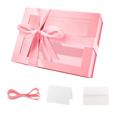 PACKQUEEN Pink Gift Box with Window, 9x6.5x3.8 Inches, Clear Gift Box for Present Contains Ribbon, Card, Bridesmaid Proposal Box with Magnetic Lid (Glossy Pink)