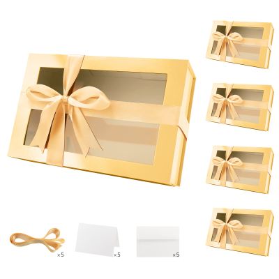 PACKQUEEN 5 Large Gold Gift Boxes with Windows, 13.5x9x4.1 Inches Clear Gift Boxes for Presents Contain Ribbons, Cards, Bridesmaid Proposal Boxes, Boxes with Magnetic Lids (Glossy Gold)