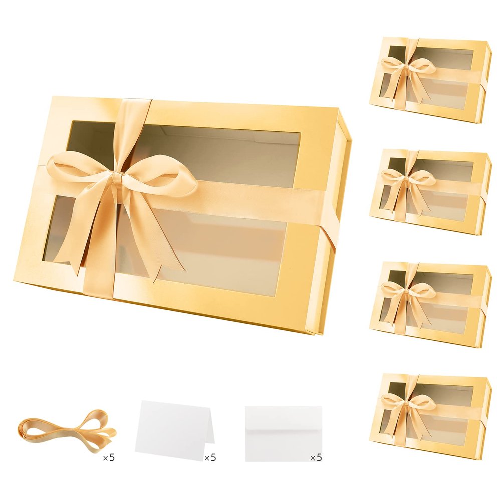PACKQUEEN 5 Large Gold Gift Boxes with Windows, 13.5x9x4.1 Inches Clear Gift Boxes for Presents Contain Ribbons, Cards, Bridesmaid Proposal Boxes, Boxes with Magnetic Lids (Glossy Gold)