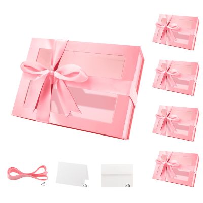 PACKQUEEN 5 Pink Valentine's Day Boxes with Windows, 9x6.5x3.8 Inches, Valentine's Day Clear Gift Boxes for Presents Contain Ribbons, Cards, Bridesmaid Proposal Boxes, Gift Boxes with Magnetic Lids (Glossy Pink)