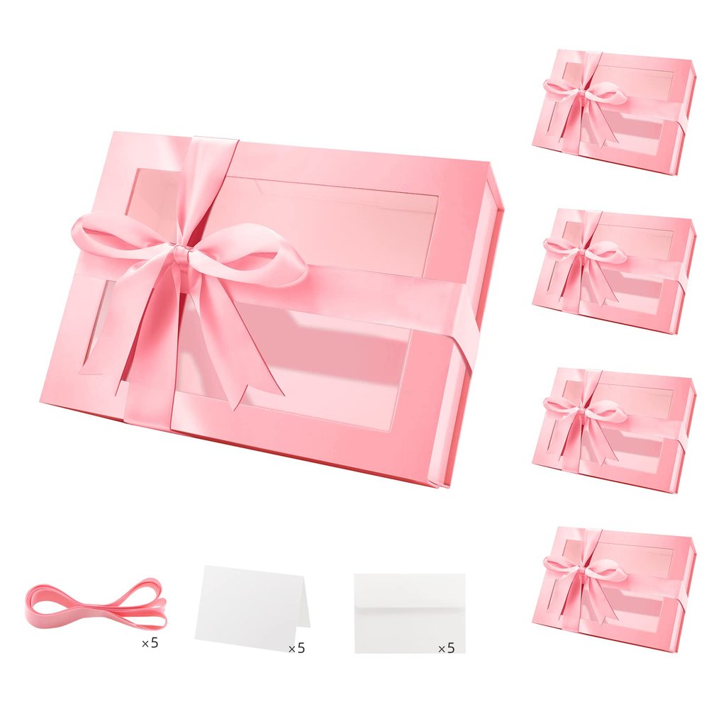 PACKQUEEN 5 Pink Valentine's Day Boxes with Windows, 9x6.5x3.8 Inches, Valentine's Day Clear Gift Boxes for Presents Contain Ribbons, Cards, Bridesmaid Proposal Boxes, Gift Boxes with Magnetic Lids (Glossy Pink)